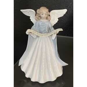 Lladro Singing Angel 7" Figurine c1990 Porcelain Blue & White with Scroll #5719